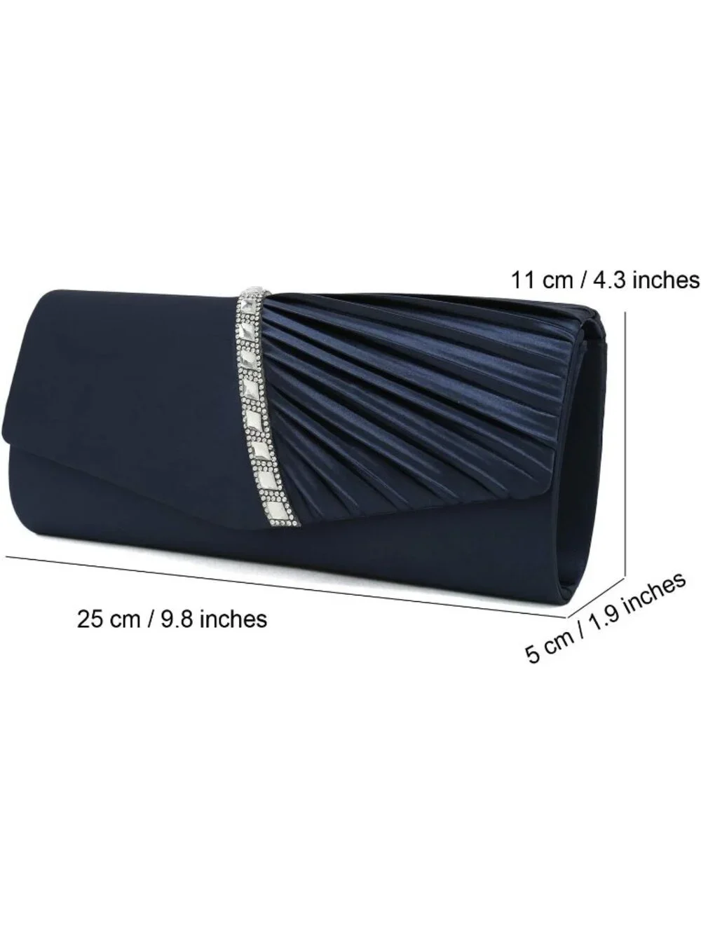 Women's Navy Blue Crystal Embellished Pleated Satin Clutch Purse For Evening Bag